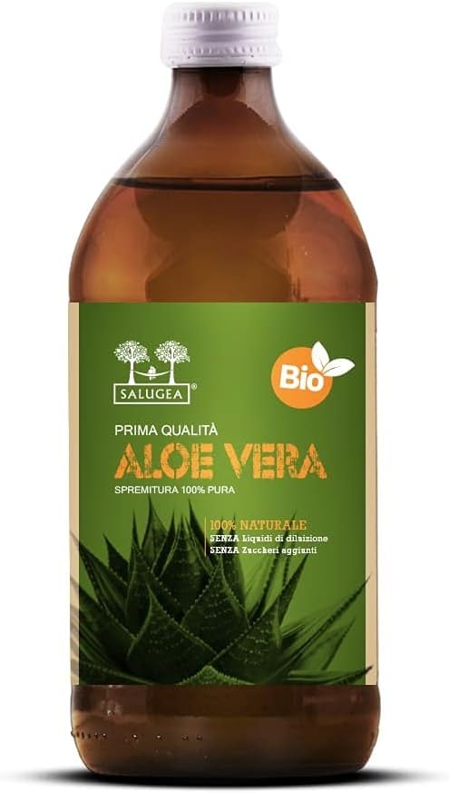 SUCCO DI ALOE VERA Bio Salugea - 100% Puro E Biologico - Integratore Detox, Antiossidante e Depurante - Digestione e Difese Immunitarie - Flacone in Vetro Scuro Farmaceutico - 500 ml