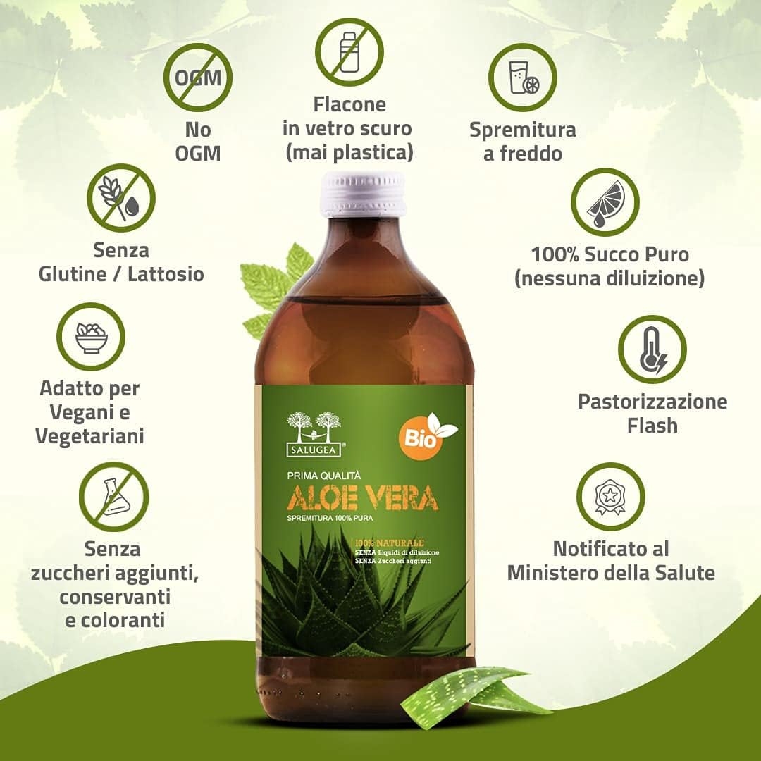 SUCCO DI ALOE VERA Bio Salugea - 100% Puro E Biologico - Integratore Detox, Antiossidante e Depurante - Digestione e Difese Immunitarie - Flacone in Vetro Scuro Farmaceutico - 500 ml - immagine 3
