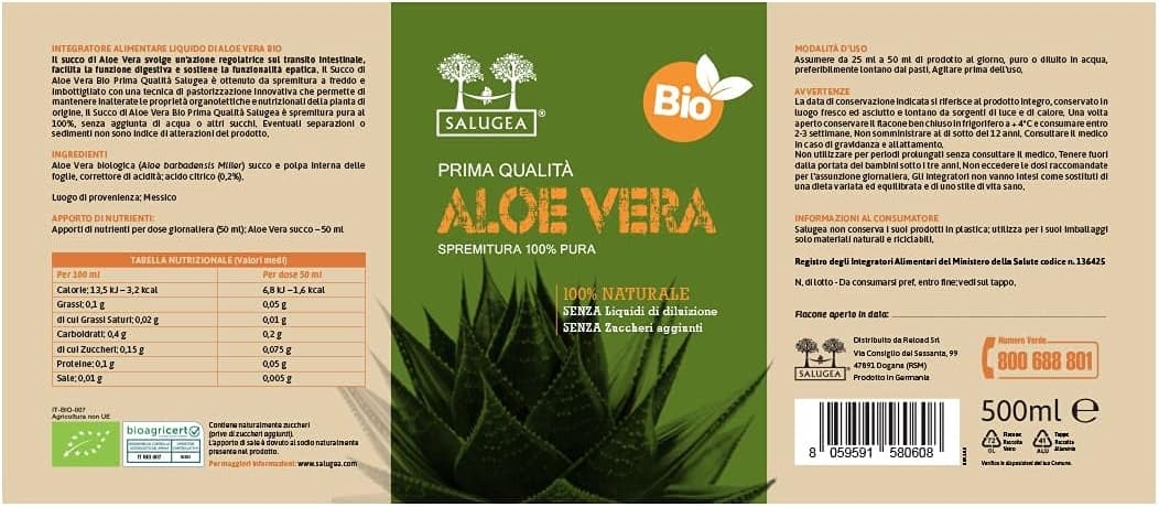 SUCCO DI ALOE VERA Bio Salugea - 100% Puro E Biologico - Integratore Detox, Antiossidante e Depurante - Digestione e Difese Immunitarie - Flacone in Vetro Scuro Farmaceutico - 500 ml - immagine 5