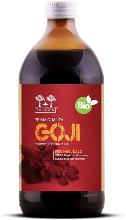 SUCCO DI GOJI BIO Salugea - 100% Puro e Naturale - Integratore energizzante e saziante, ricco di vitamine, sali minerali e aminoacidi - 500 ml - Flacone in vetro scuro farmaceutico