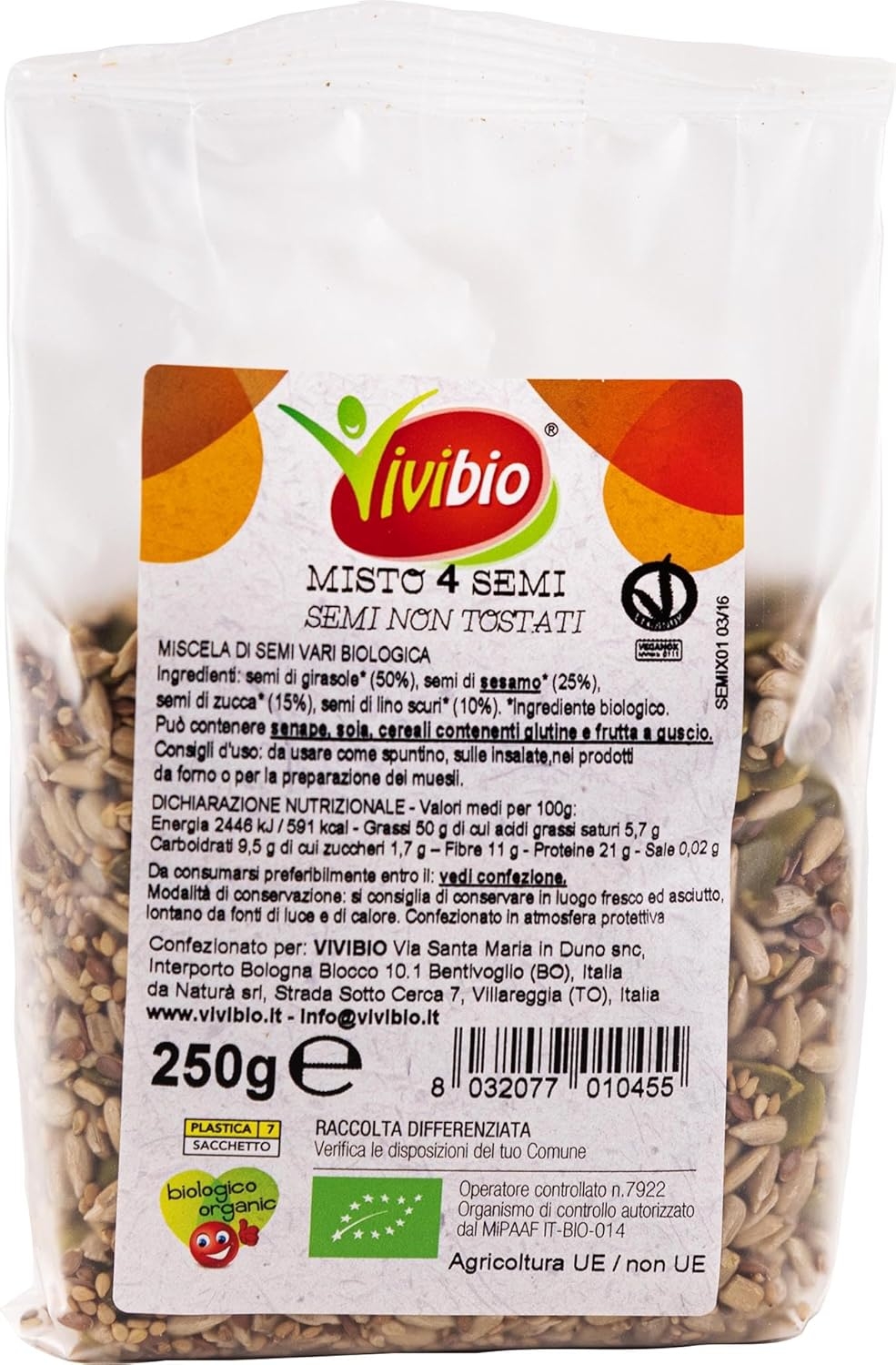 Vivibio Mix 4 Semi Biologici - Ricco di Proteine ​​e Fibre - Perfetti per una dieta vegetariana o vegana - 250g
