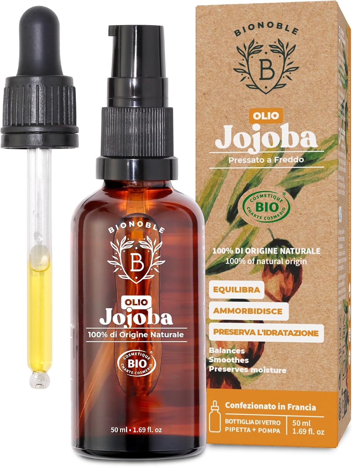 Olio di Jojoba Biologico 50ml - 100% Puro, Naturale e Pressato a Freddo - Viso, Corpo, Capelli, Barba, Unghie - Vegan e Cruelty Free - Jojoba Oil - Bottiglia di Vetro + Pipetta + Pompa
