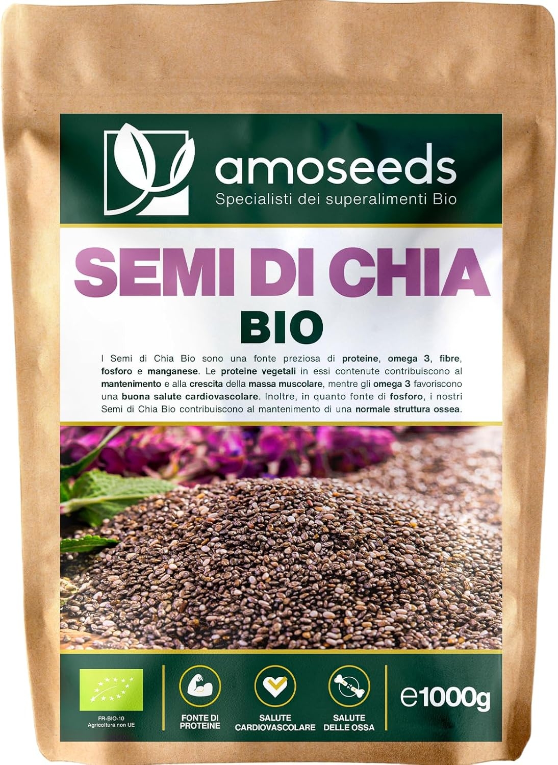 Semi di Chia Bio 1KG | Proteine, Salute Cardiovascolare | 100% Biologici, Senza Glutine, Qualità Superiore