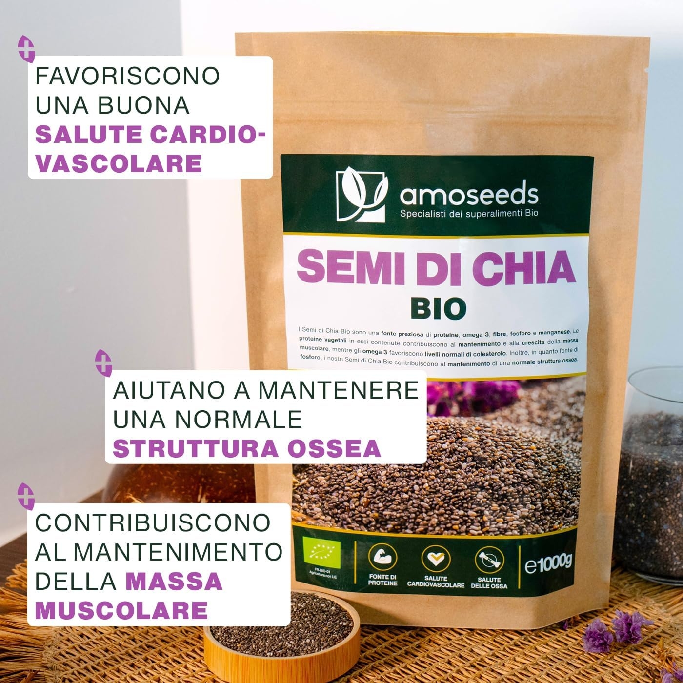 Semi di Chia Bio 1KG | Proteine, Salute Cardiovascolare | 100% Biologici, Senza Glutine, Qualità Superiore - immagine 3