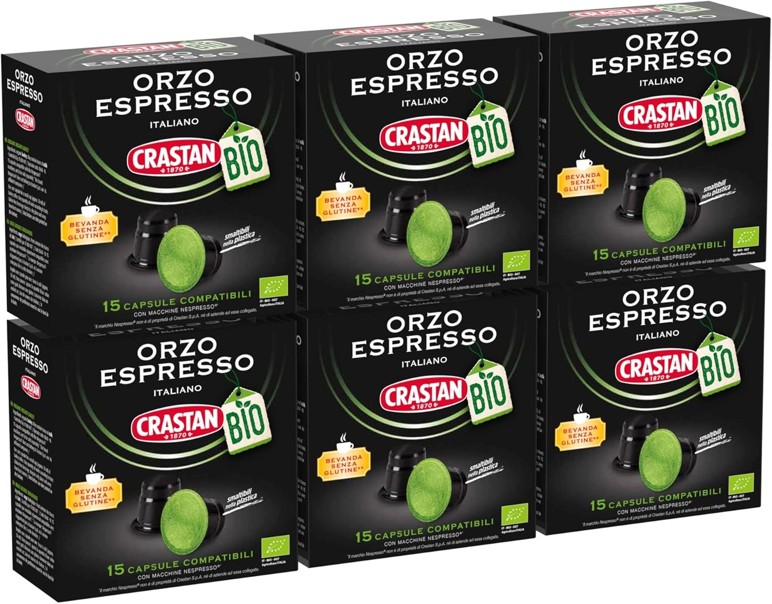 CRASTAN 1870 - Capsule compatibili Nespresso - Orzo Biologico - 6 Box da 15 Capsule - Totale 90 Capsule - Naturalmente Privo di Caffeina - 100% Made in Italy