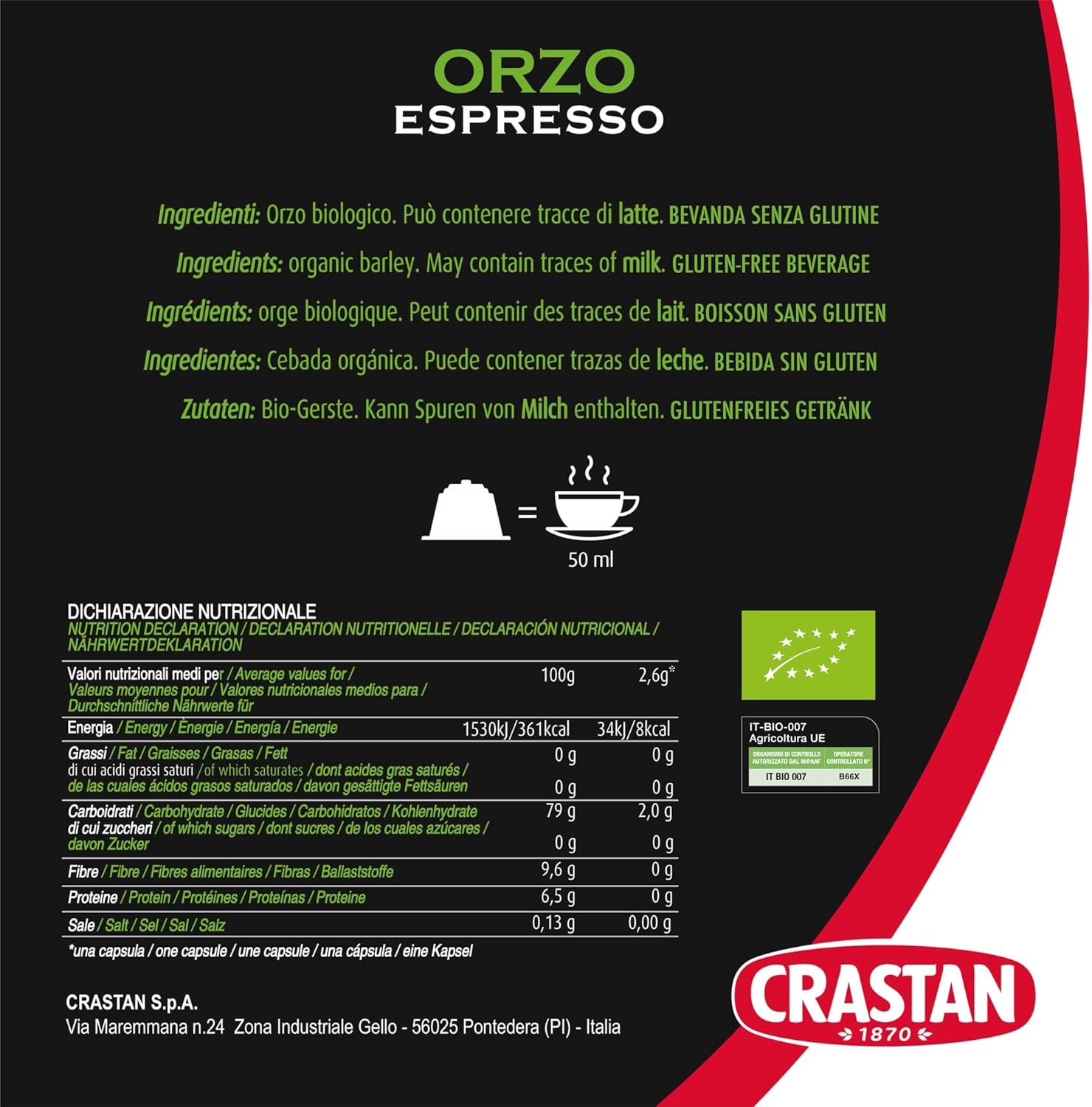 CRASTAN 1870 - Capsule compatibili Nespresso - Orzo Biologico - 6 Box da 15 Capsule - Totale 90 Capsule - Naturalmente Privo di Caffeina - 100% Made in Italy - immagine 2