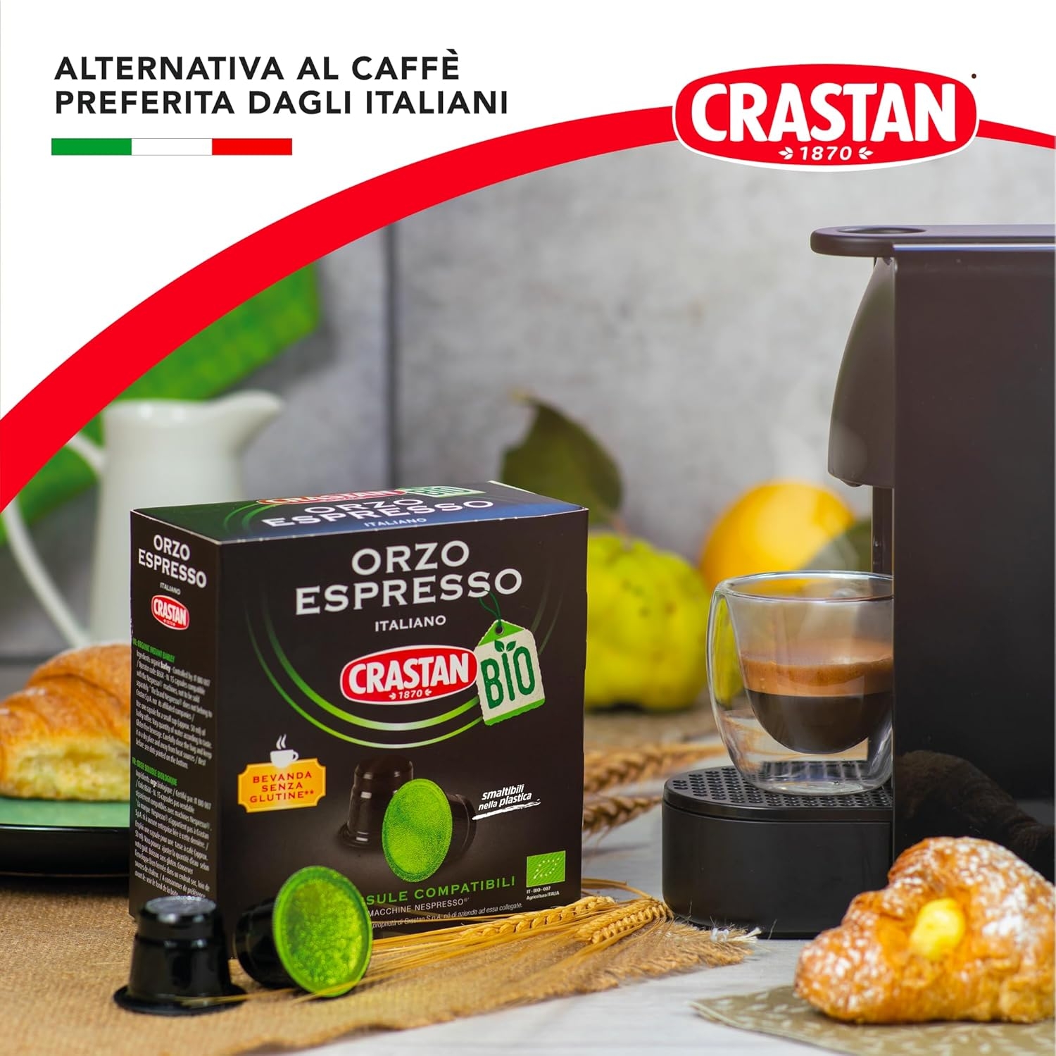 CRASTAN 1870 - Capsule compatibili Nespresso - Orzo Biologico - 6 Box da 15 Capsule - Totale 90 Capsule - Naturalmente Privo di Caffeina - 100% Made in Italy - immagine 4