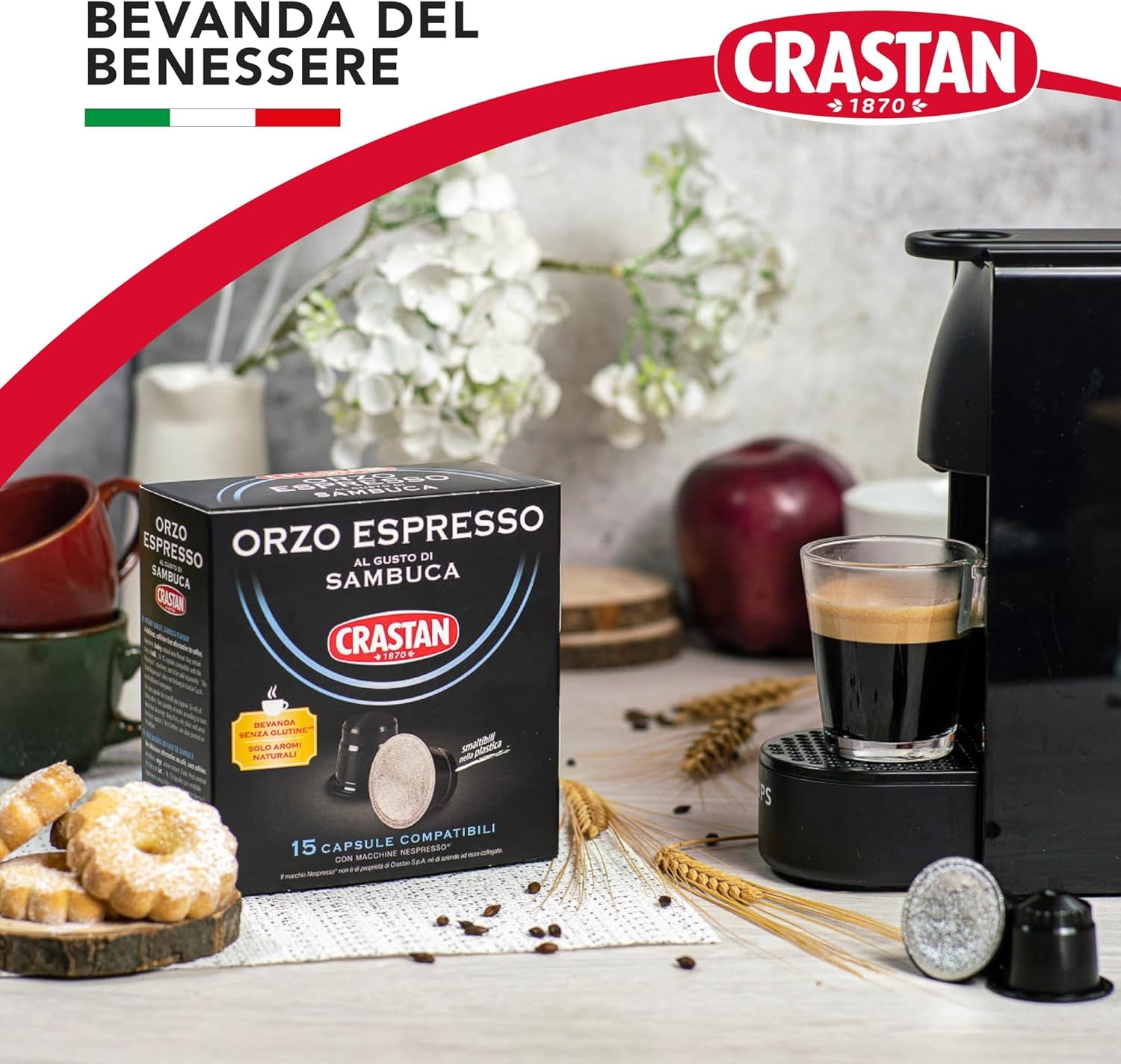 CRASTAN 1870 - Capsule compatibili Nespresso - Orzo Biologico - 6 Box da 15 Capsule - Totale 90 Capsule - Naturalmente Privo di Caffeina - 100% Made in Italy - immagine 17