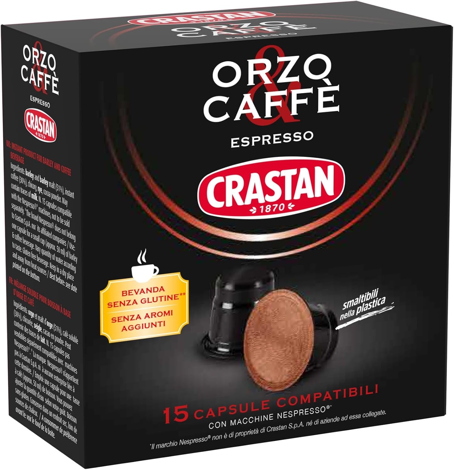 CRASTAN 1870 - Capsule compatibili Nespresso - Orzo Biologico - 6 Box da 15 Capsule - Totale 90 Capsule - Naturalmente Privo di Caffeina - 100% Made in Italy - immagine 32
