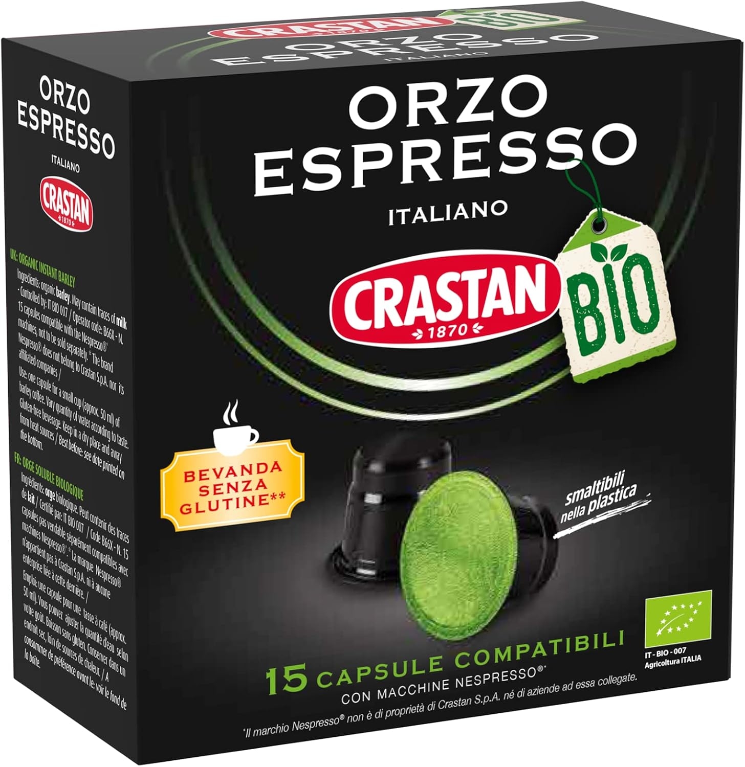 CRASTAN 1870 - Capsule compatibili Nespresso - Orzo Biologico - 6 Box da 15 Capsule - Totale 90 Capsule - Naturalmente Privo di Caffeina - 100% Made in Italy - immagine 43