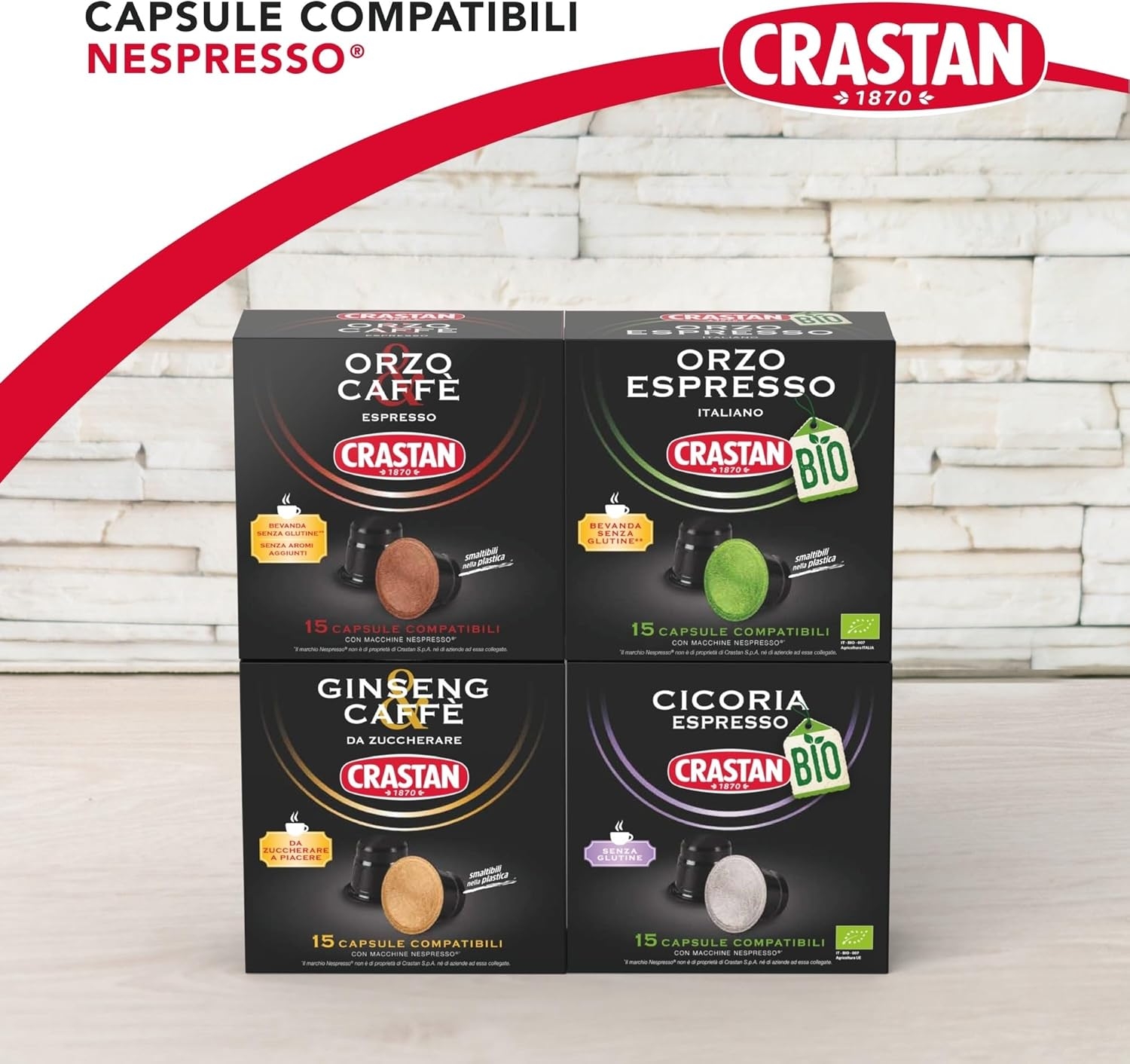 CRASTAN 1870 - Capsule compatibili Nespresso - Orzo Biologico - 6 Box da 15 Capsule - Totale 90 Capsule - Naturalmente Privo di Caffeina - 100% Made in Italy - immagine 49