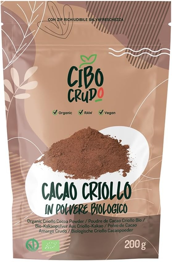 Cacao Amaro in Polvere - 200g. Cacao in Polvere Biologico Naturale e Puro lavorato a basse temperature. Cacao Crudo in Polvere Bio Ricco di Antiossidanti Magnesio Ferro Vitamina B1 e B2.