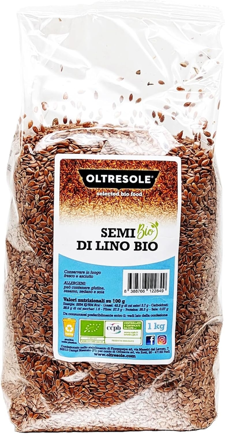 Oltresole, Semi Biologici di Lino 1 kg, Semi Oleosi Crudi, Interi e Scuri, Ricchi di Minerali e Fibre, Fonte di Omega 3 e Antiossidanti, 100% Naturali, Confezione Ideale per Famiglie