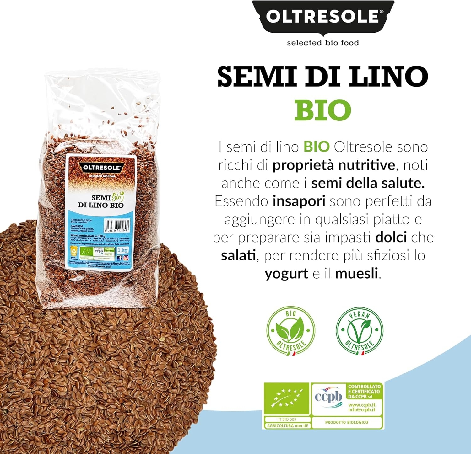 Oltresole, Semi Biologici di Lino 1 kg, Semi Oleosi Crudi, Interi e Scuri, Ricchi di Minerali e Fibre, Fonte di Omega 3 e Antiossidanti, 100% Naturali, Confezione Ideale per Famiglie - immagine 3