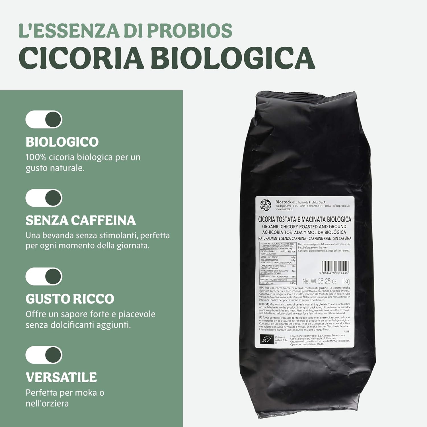 Probios Cicoria Per Moka Biologica Tostata e Macinata – Pura Naturale & Senza Caffeina - Cicoria Altamente Solubile Bio - 1Kg - immagine 3