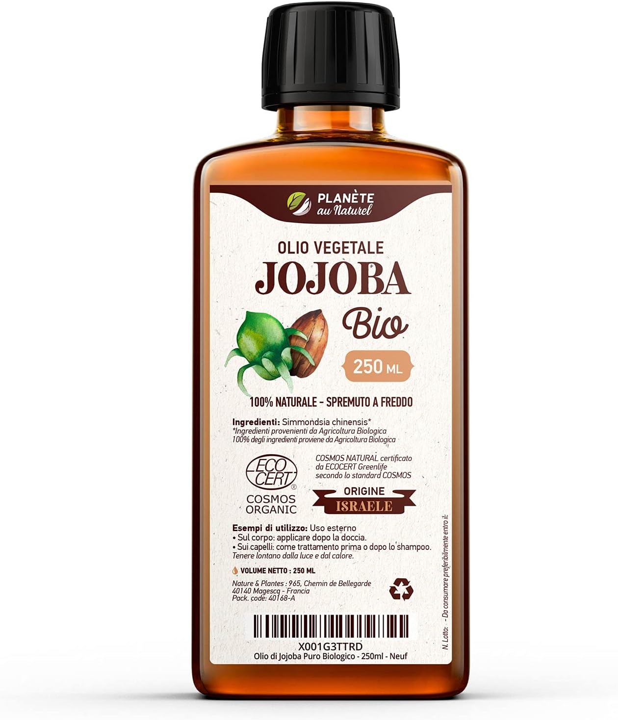 Olio di Jojoba Puro Biologico 250 ml - 100% Puro, Naturale, Pressato a Freddo - Biologico certificato da Ecocert