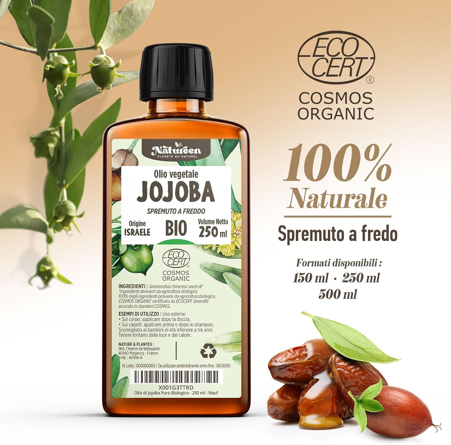 Olio di Jojoba Puro Biologico 250 ml - 100% Puro, Naturale, Pressato a Freddo - Biologico certificato da Ecocert - immagine 3