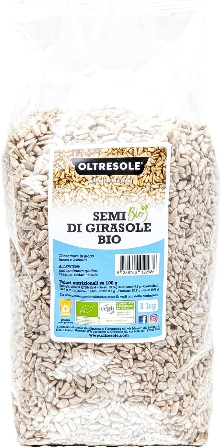 Oltresole, Semi di Girasole Decorticati Biologici 1 Kg, Semi Oleosi Bio Crudi, Sgusciati, Non Tostati e Non Salati, Ricchi di Fibre e Nutrienti, Confezione Ideale per Famiglie