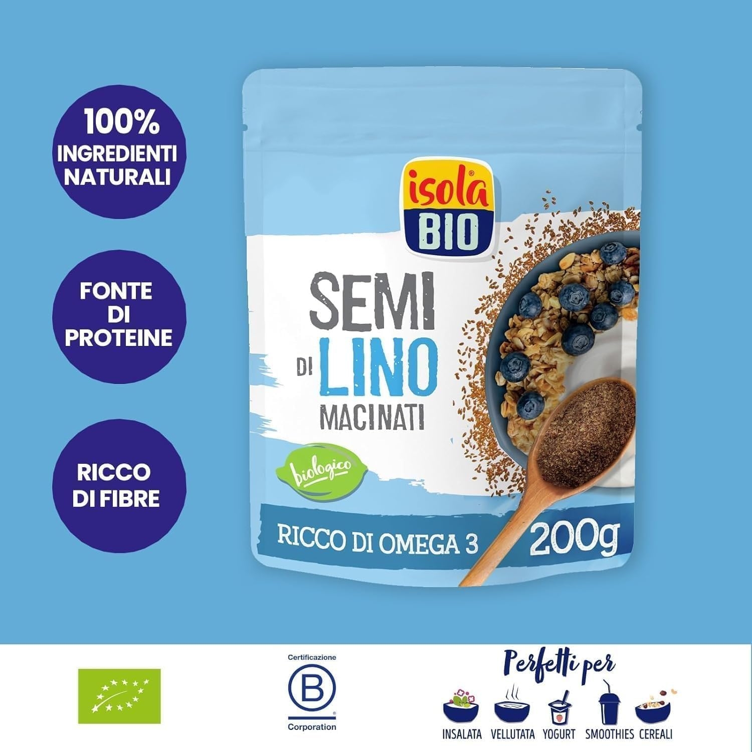 ISOLA BIO Semi di Lino Macinati Biologico, Superfood Fonte di Fibre e Ricco di Omega-3 e Magnesio, Senza Glutine, Senza Zuccheri Aggiunti, per Vegetariani e Vegani, Confezione 200g - immagine 3