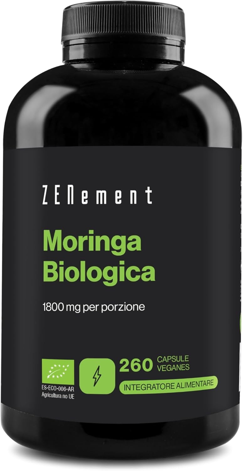 Moringa Biologica, 1800 mg per porzione, 260 Capsule Veganes | Superfood fonte di energia, vitamine, minerali e antiossidanti | 100% Ingredienti Naturali, Vegan, Senza Additivi | Zenement