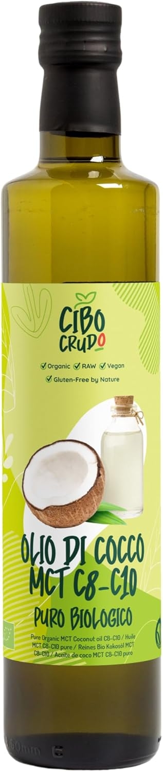 Olio di Cocco Biologico MCT C8 C10 Spremuto a Freddo - 500ml. Olio di Cocco Alimentare Puro e Bio con Acidi Grassi a Catena Media MCT C8 e C10 uso Keto Paleo Corpo o Capelli. Organic Coconut Oil MCT.