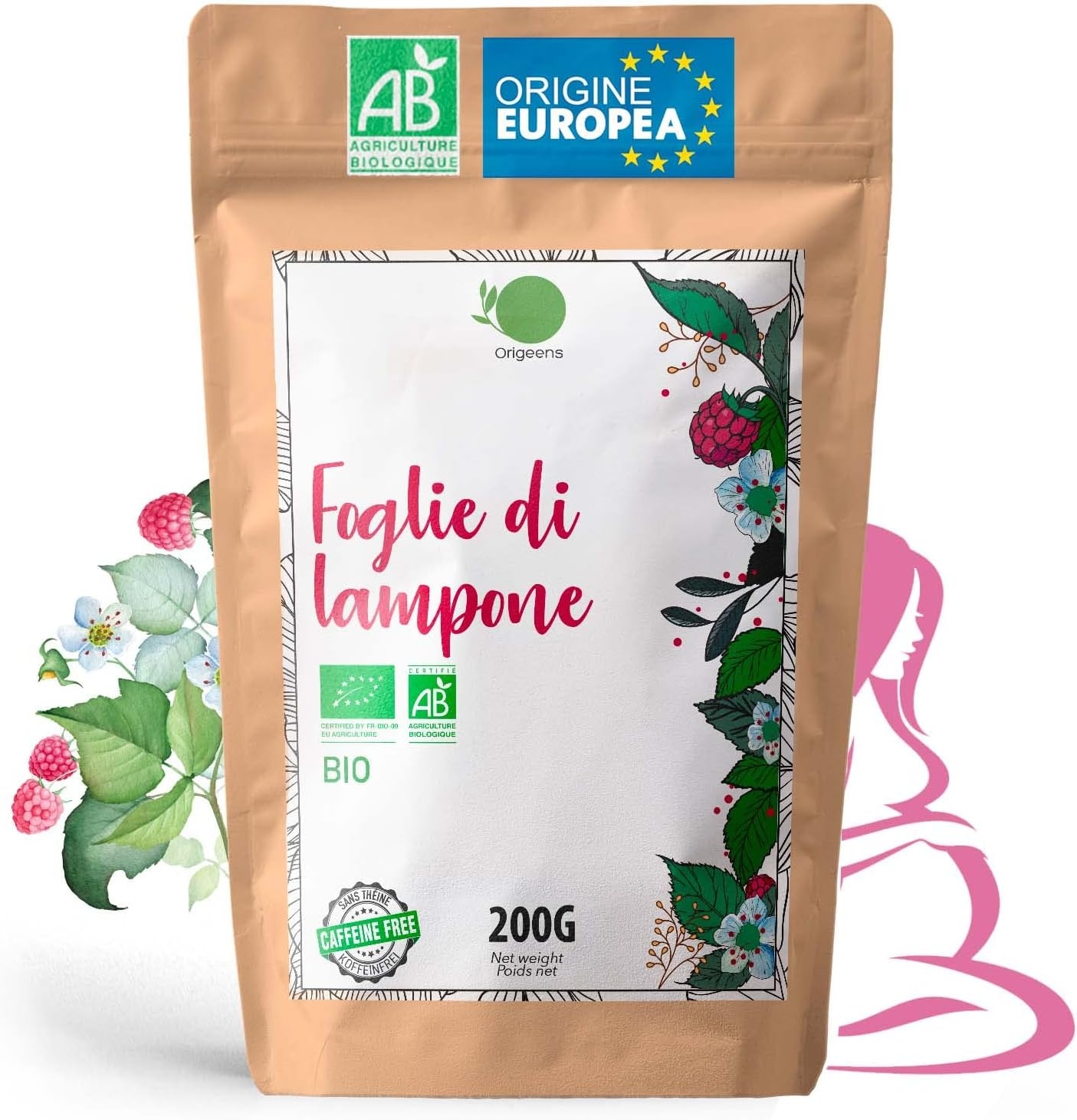 ORIGEENS Tisana Foglie Lampone BIO 200g | Red Raspberry Leaf Tea | Cura del benessere, Infusi e Tisane per Maternita e Gravidanza, Dolori Mestruali