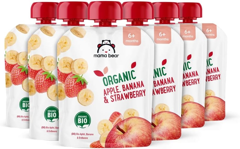 Marchio Amazon - Mama Bear Pouch Purea di mela, banana e fragola biologica, vegetariano, 90g, Confezione da 6