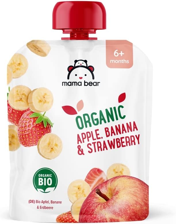 Marchio Amazon - Mama Bear Pouch Purea di mela, banana e fragola biologica, vegetariano, 90g, Confezione da 6 - immagine 2
