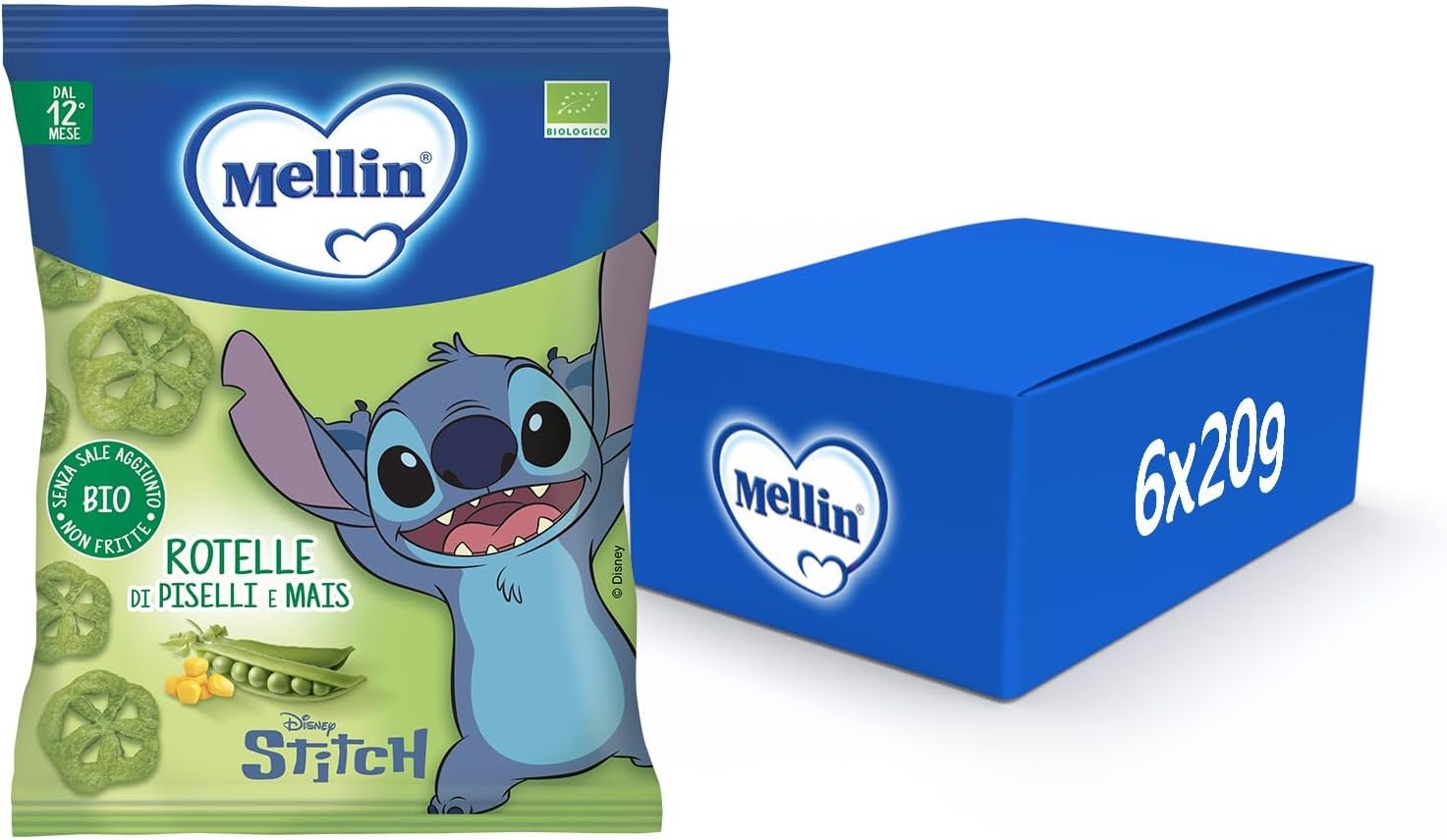 Mellin - Rotelle di Piselli e Mais - Snack Biologico per Bambini dal 12° Mese Compiuto - 6 Confezioni da 20 grammi (Totale 120gr)