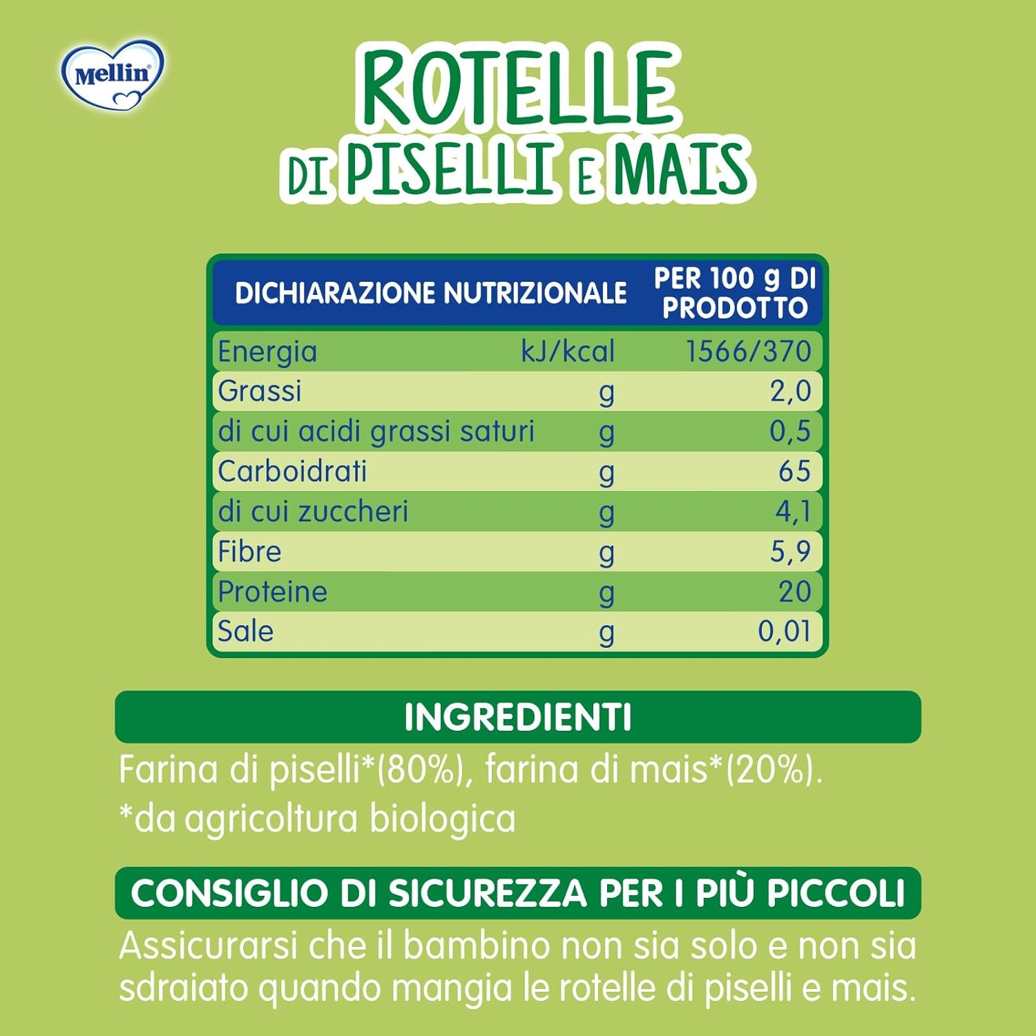Mellin - Rotelle di Piselli e Mais - Snack Biologico per Bambini dal 12° Mese Compiuto - 6 Confezioni da 20 grammi (Totale 120gr) - immagine 2