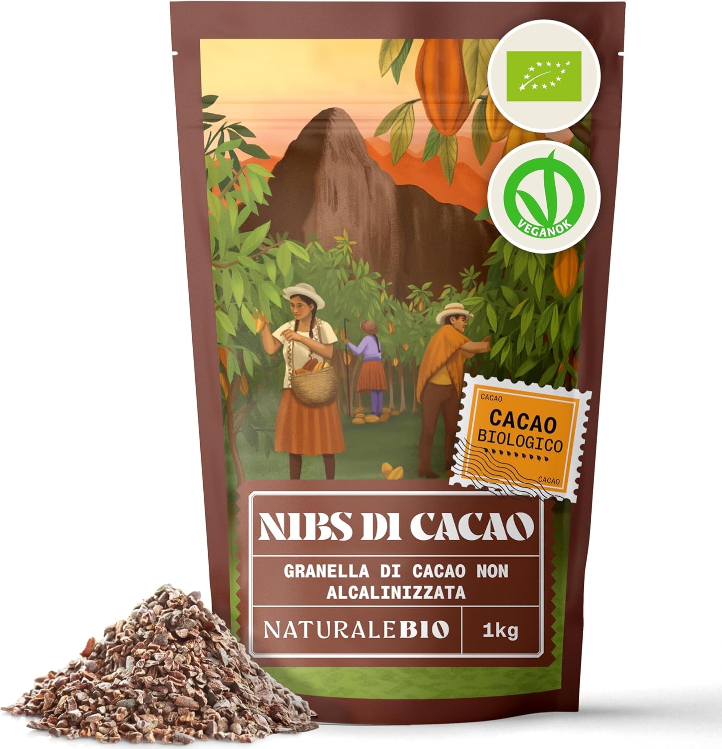 NaturaleBio Granella di Cacao Crudo Biologico da 1 Kg. Bio, Naturale e Puro. Prodotto in Regioni Tropicali dalla Pianta Theobroma Cacao. Fonte di Magnesio, Potassio e Ferro.