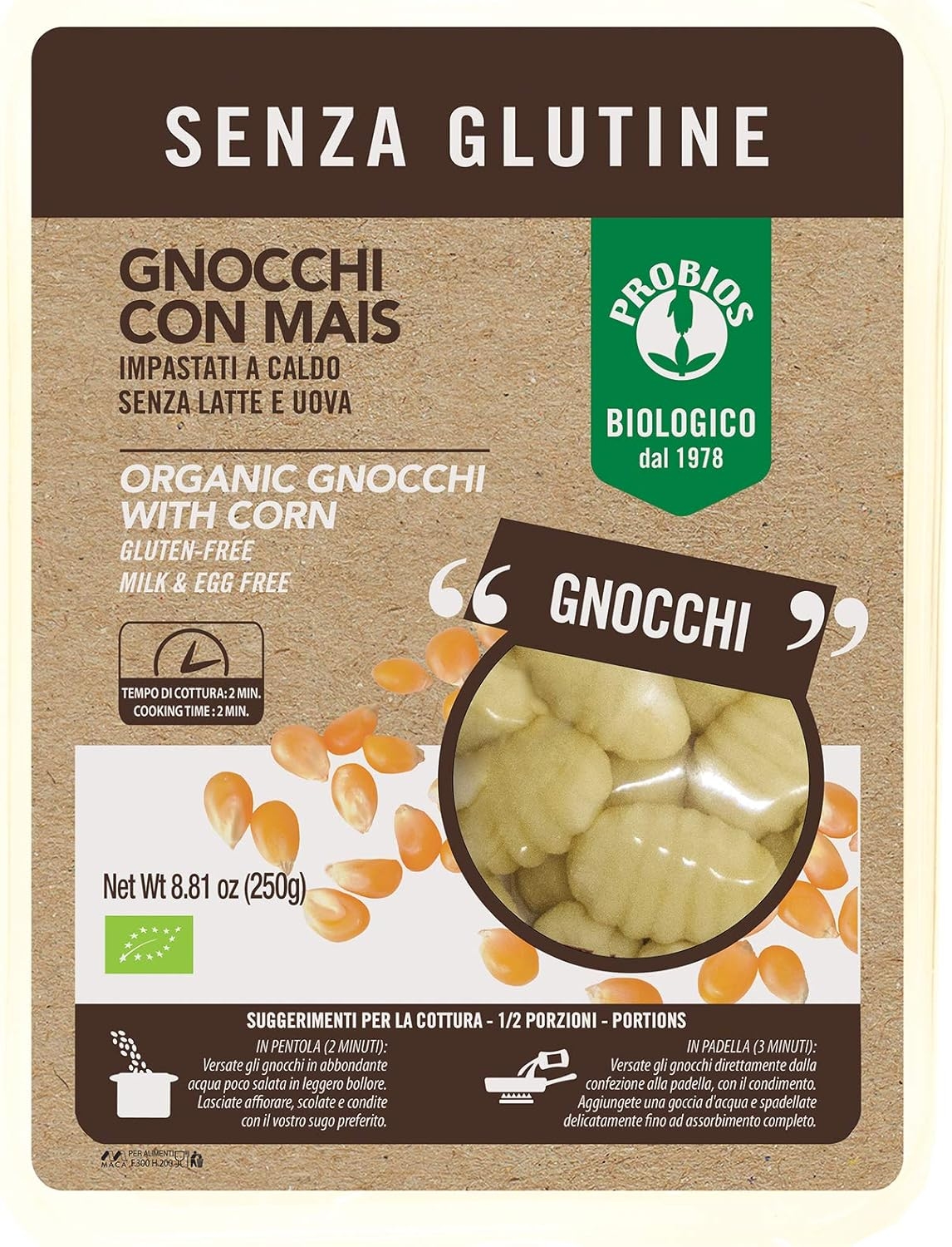 Probios Gnocchi al Mais - Gnocchi senza glutine Biologici - Miscela Mais & Patate Non OGM - 250 g