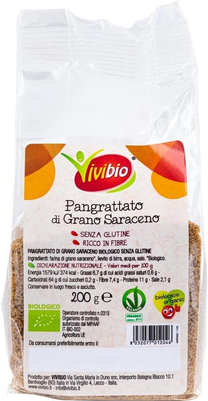 Vivibio Pangrattato di Grano Saraceno Biologico - ricco di fibre e povero di grassi - pangrattato senza glutine - 200 g