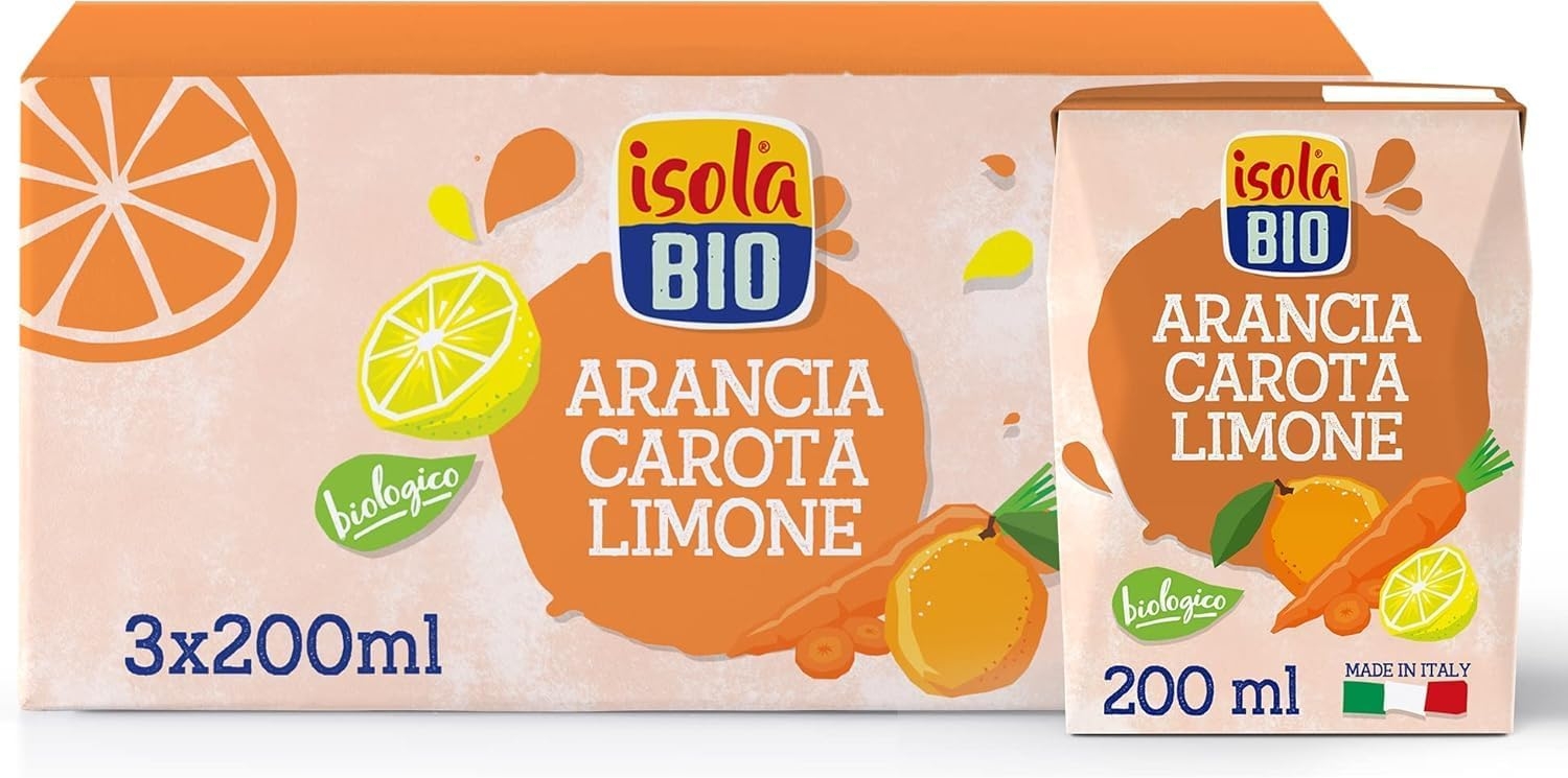 ISOLA BIO Succo di Frutta Biologico ACE, Arancia, Carota e Limone, 100% Ingredienti Naturali, Frutta Italiana in Mini Brik per Colazione e Merenda, Formato 3 confezioni da 200 ml