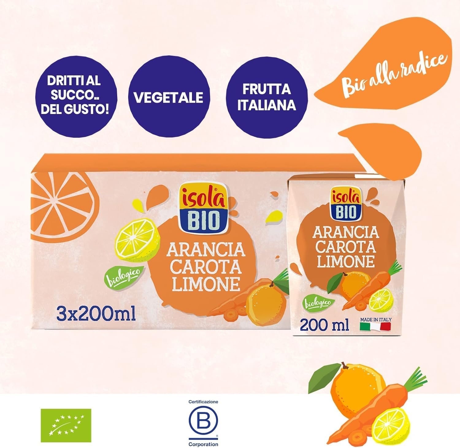 ISOLA BIO Succo di Frutta Biologico ACE, Arancia, Carota e Limone, 100% Ingredienti Naturali, Frutta Italiana in Mini Brik per Colazione e Merenda, Formato 3 confezioni da 200 ml - immagine 2