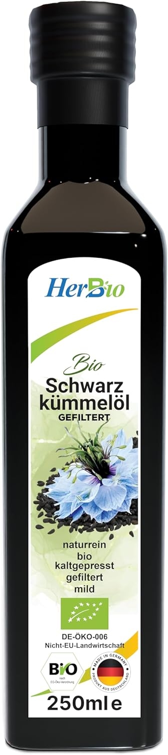 HerbBio Olio di cumino nero biologico spremuto a freddo, filtrato 250 ml – Alto contenuto di THYMOCHINON – 100% puro olio di semi nero – dalla Nigella Sativa egiziana – fresco direttamente
