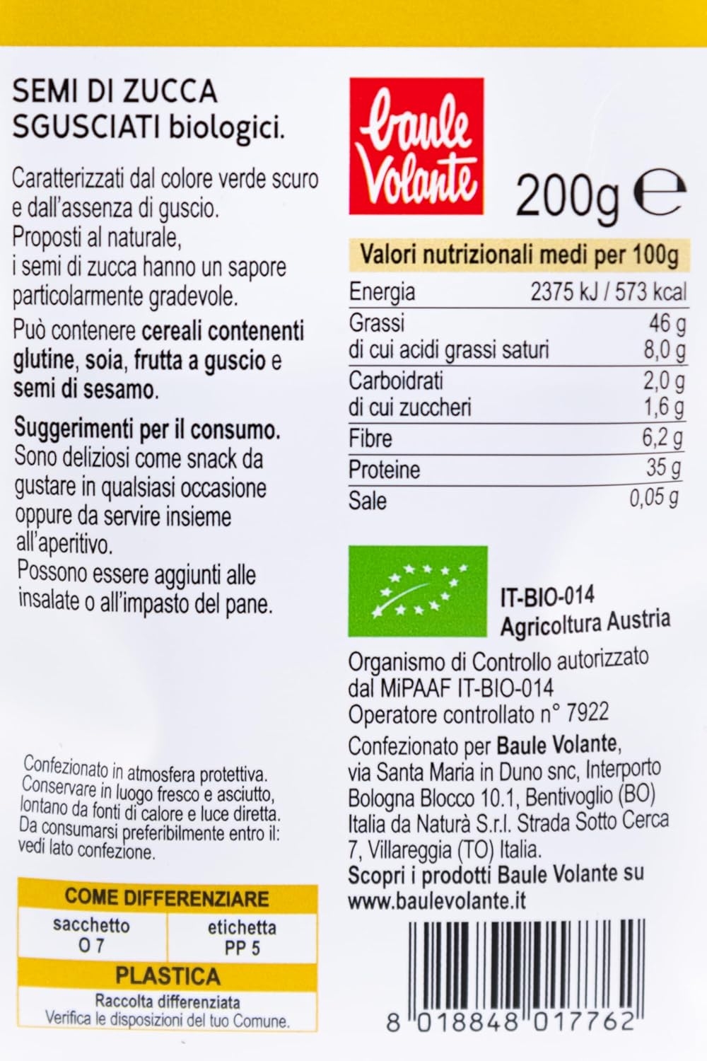 Baule Volante Semi di Zucca Bio - Ricco di Proteine e Fibre - Perfetti per una dieta vegetariana o vegana - 200g - immagine 2