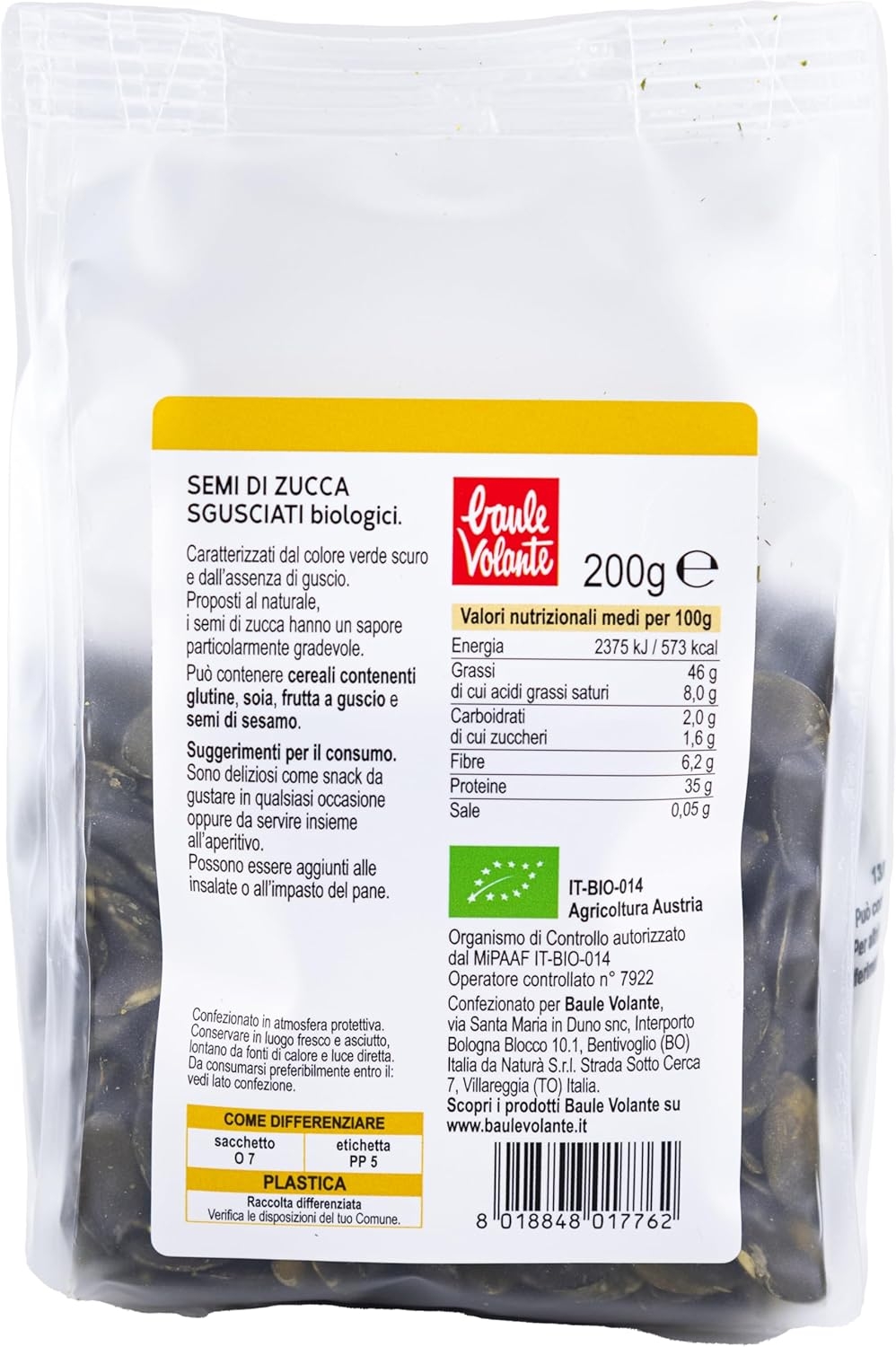 Baule Volante Semi di Zucca Bio - Ricco di Proteine e Fibre - Perfetti per una dieta vegetariana o vegana - 200g - immagine 3