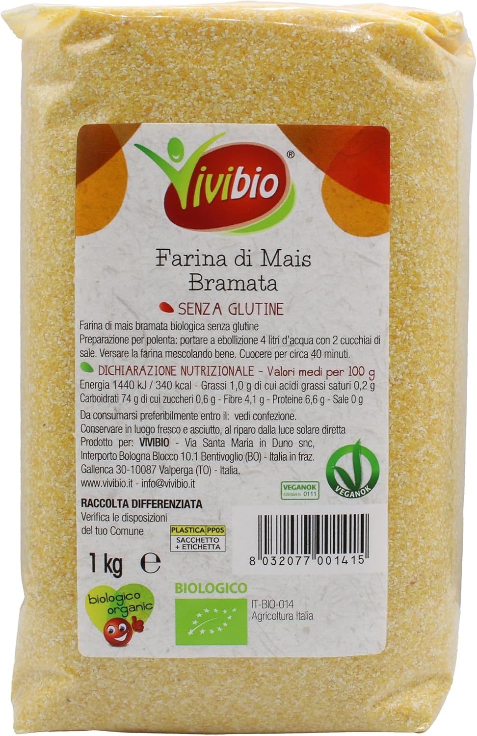 Vivibio, Farina di mais bramata bio, senza glutine, 1kg