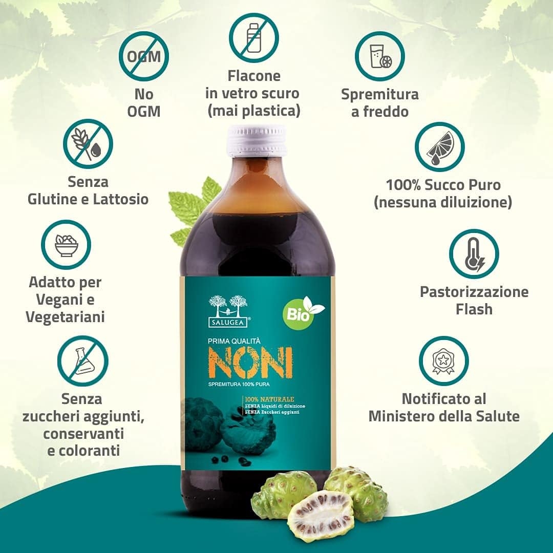 Salugea SUCCO DI NONI BIO - 100% Puro e Naturale - Integratore tonico energizzante - 500 ml - Noni biologico (Morinda citrifolia L.) succo del frutto 100% puro, aumenta l'energia - immagine 2