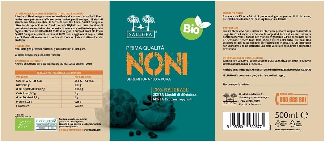 Salugea SUCCO DI NONI BIO - 100% Puro e Naturale - Integratore tonico energizzante - 500 ml - Noni biologico (Morinda citrifolia L.) succo del frutto 100% puro, aumenta l'energia - immagine 7