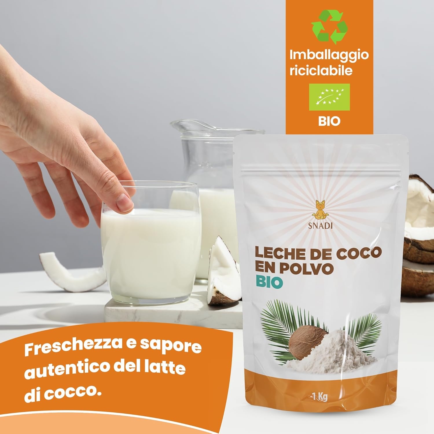 Snadi - Latte di Cocco in Polvere BIO dallo Sri Lanka - 1KG - 100% Naturale e Biologico - Confezionato in Sacchetto di Plastica Riciclabile - Senza Additivi né Conservanti - Ideale per Frullati - immagine 3