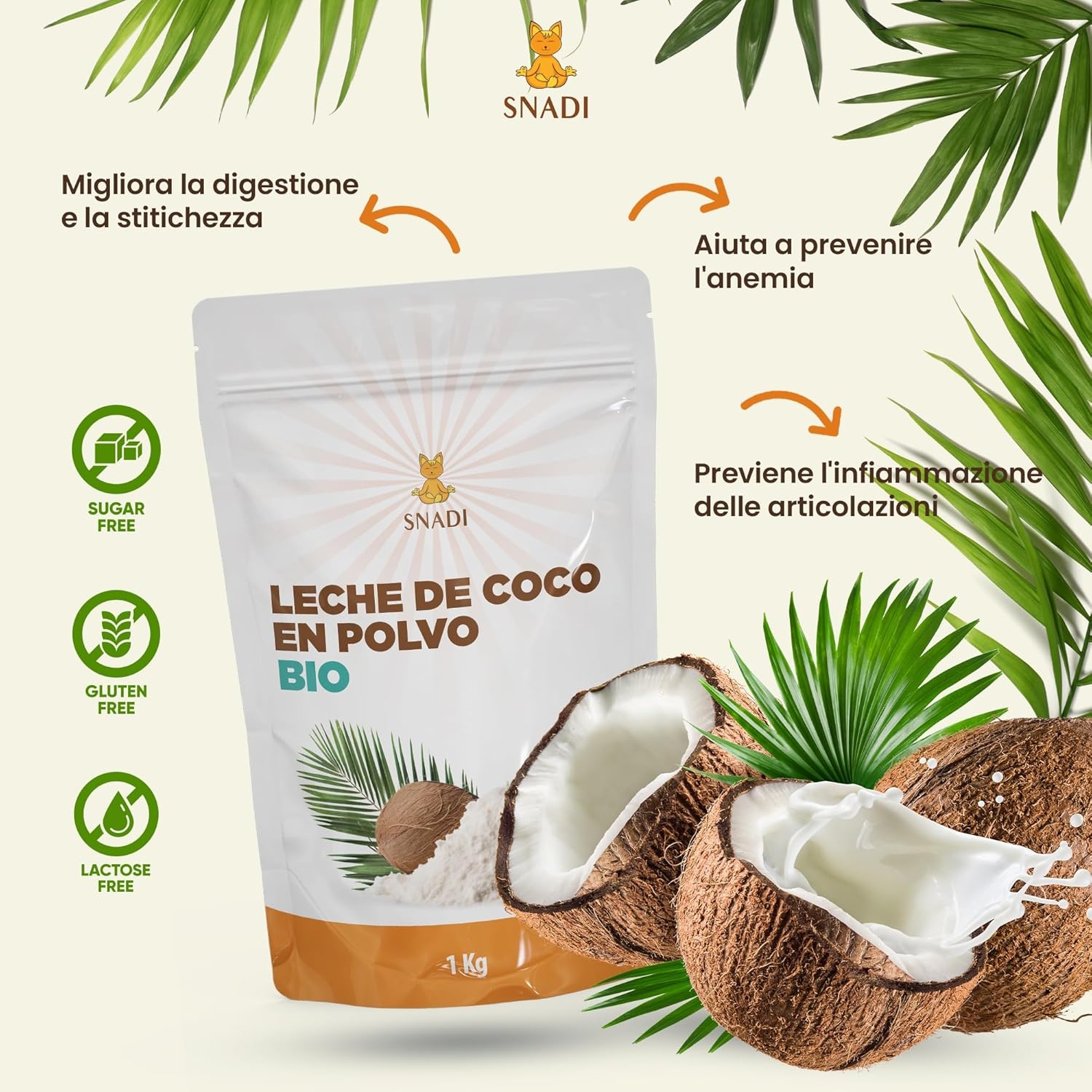 Snadi - Latte di Cocco in Polvere BIO dallo Sri Lanka - 1KG - 100% Naturale e Biologico - Confezionato in Sacchetto di Plastica Riciclabile - Senza Additivi né Conservanti - Ideale per Frullati - immagine 4