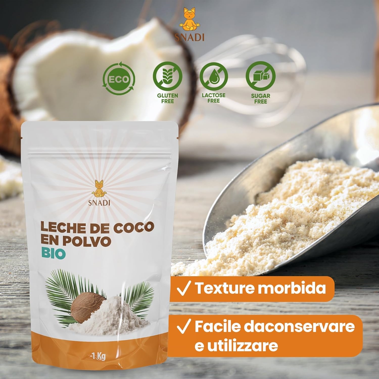 Snadi - Latte di Cocco in Polvere BIO dallo Sri Lanka - 1KG - 100% Naturale e Biologico - Confezionato in Sacchetto di Plastica Riciclabile - Senza Additivi né Conservanti - Ideale per Frullati - immagine 6