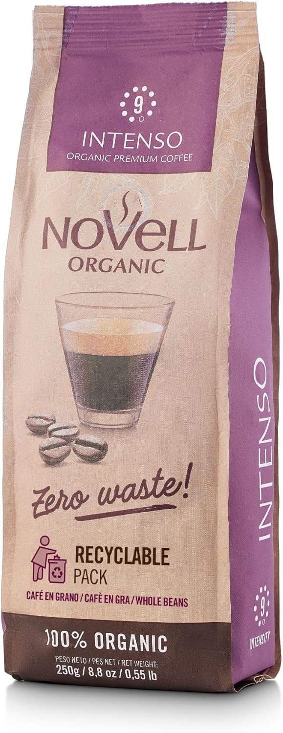 NOVELL - Caffè in Grani Naturale Intenso Residuo 0 250g | Caffè Ecologico in Grani Dolce e Intenso | Pacchetto Unico | Uso Pratico con Impegno Ambientale |
