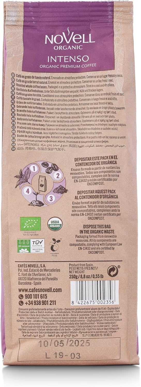 NOVELL - Caffè in Grani Naturale Intenso Residuo 0 250g | Caffè Ecologico in Grani Dolce e Intenso | Pacchetto Unico | Uso Pratico con Impegno Ambientale | - immagine 2