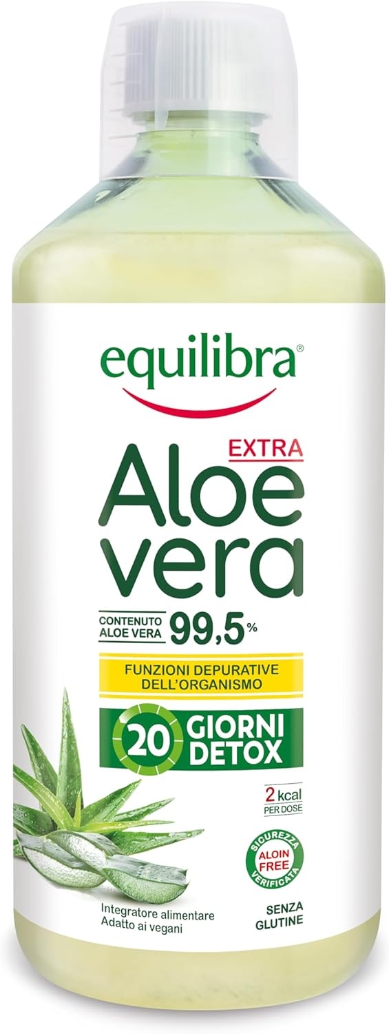 Equilibra Aloe Vera da Bere, 100% Pura Polpa di Aloe, 1000 ml per 20 Giorni, Azione Depurativa e Lenitiva, Senza Zuccheri, con Polisaccaridi, Da Bere Puro o Diluito in Acqua