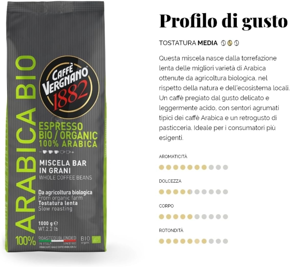Caffè Vergnano 1882 Caffè in Grani 100% Arabica Bio- 1 confezione da 1 Kg - immagine 3