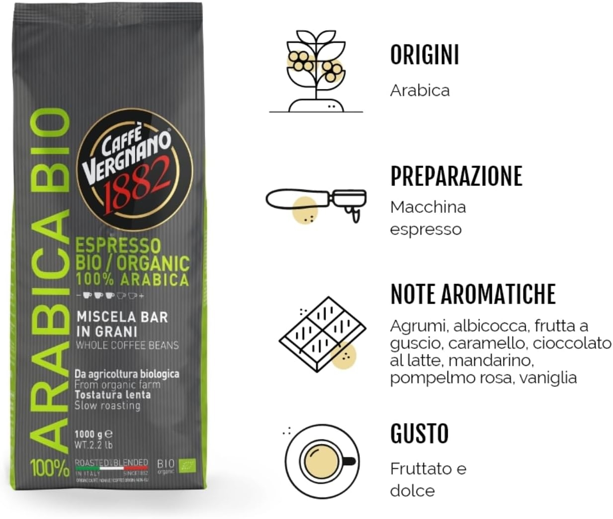 Caffè Vergnano 1882 Caffè in Grani 100% Arabica Bio- 1 confezione da 1 Kg - immagine 4