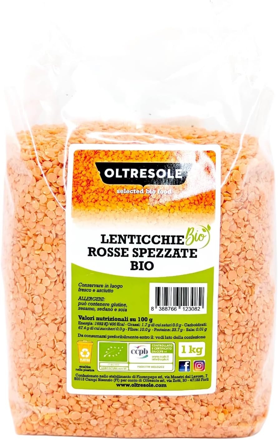 Oltresole, Lenticchie Rosse Spezzate Biologiche 1 Kg, Legumi Secchi Bio Decorticati e Spezzati, Non Richiedono Ammollo, Fonte di Proteine e Fibre, Confezione Ideale per Famiglie